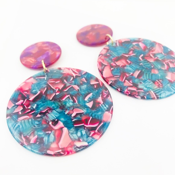Circle Drop Earrings in Pink and Blue w/ Pink Stud - Picture 2 of 8